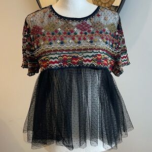 Zara Trafaluc Collection Tulle Embroidered Top Medium